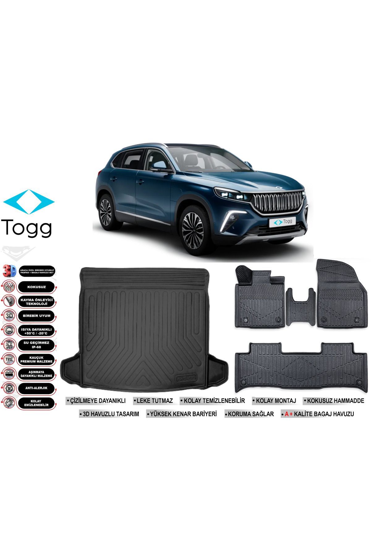 Togg T10X 2023 Model Bagaj Havuzu Araca Özel Siyah Havuzlu Paspas Takımı Sett