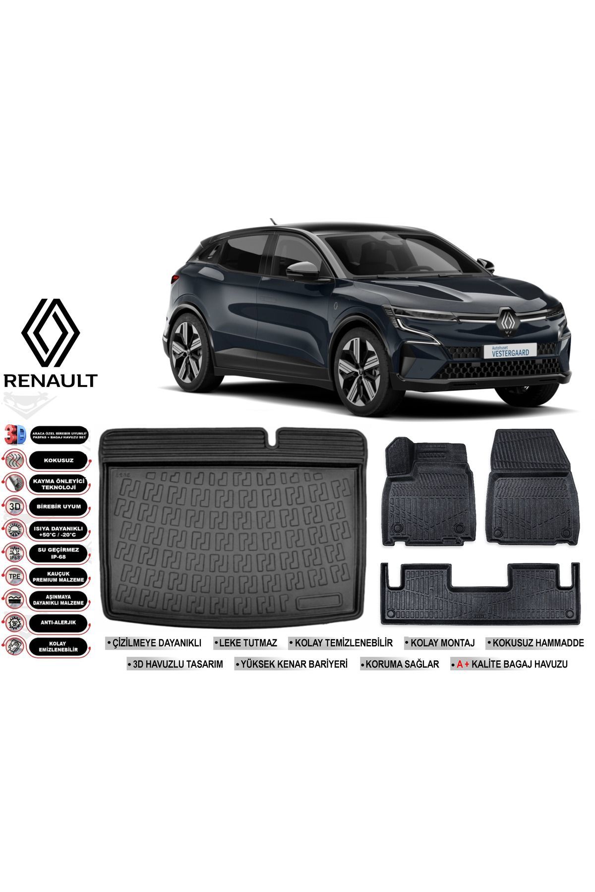 Renault Megane E-Tech 2023 Model Bagaj Havuzu Araca Özel Siyah Havuzlu Paspas Takımı Sett
