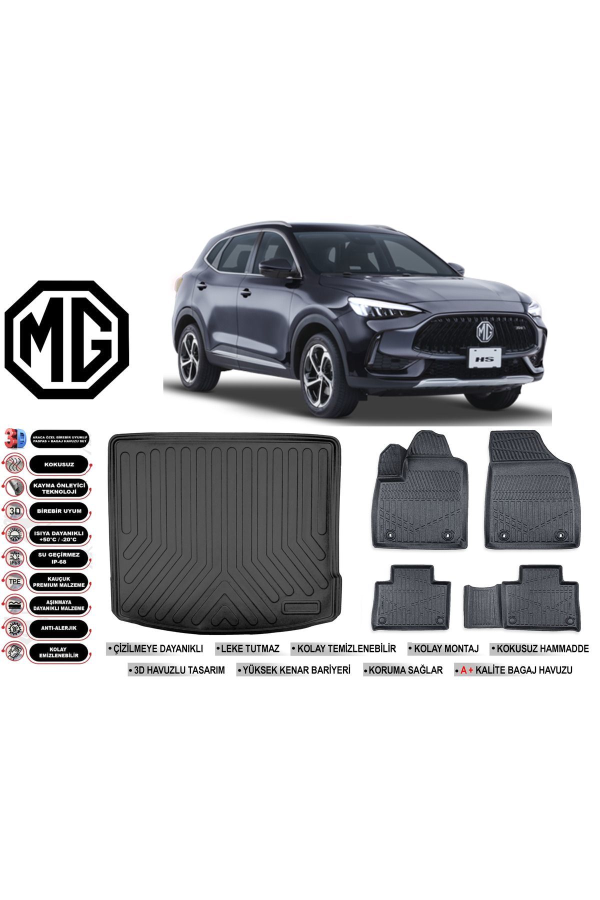 MG EHS Elektrikli 2020 Model Bagaj Havuzu Araca Özel Siyah Havuzlu Paspas Takımı Sett