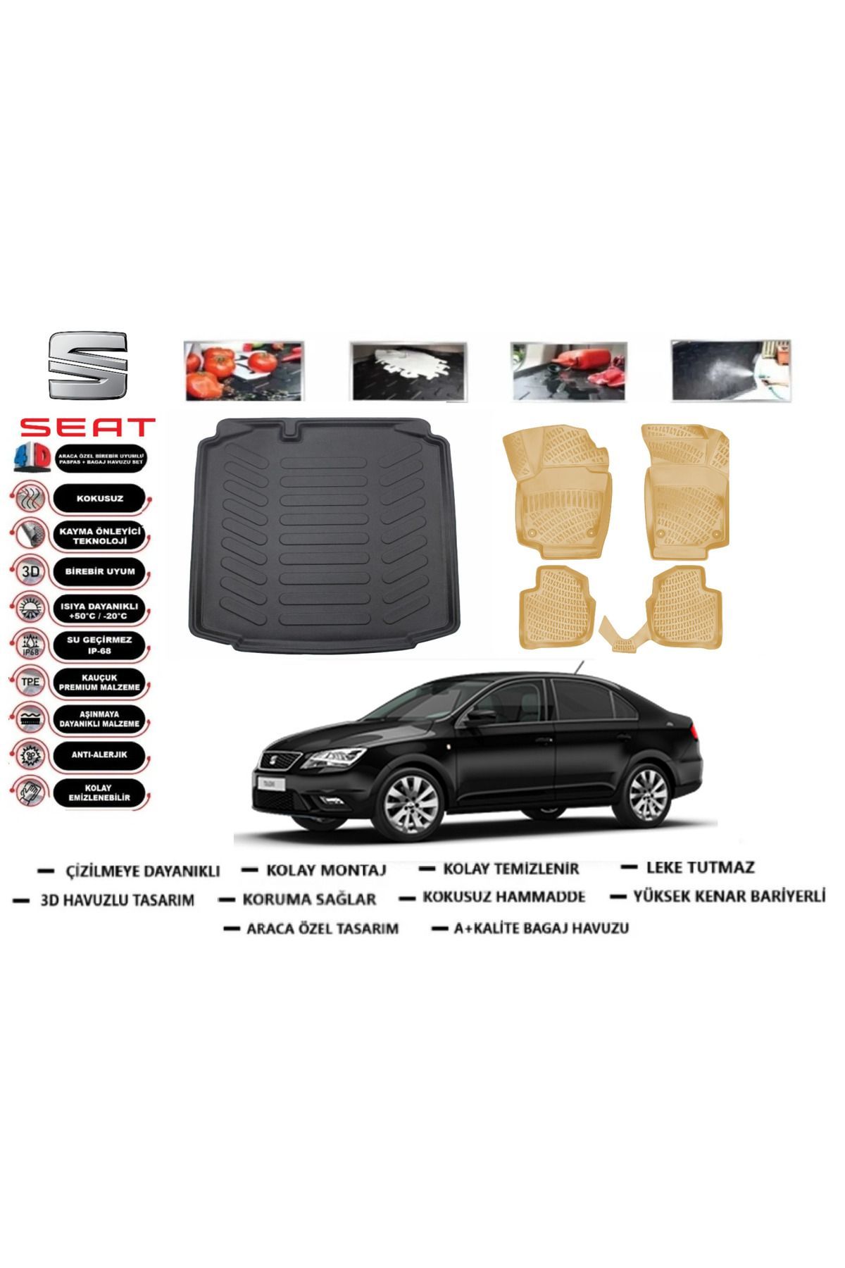 Seat Toledo Sedan 2016 Model Bagaj Havuzu(paspası)+Araca Özel Bej Paspas Takımı Flex