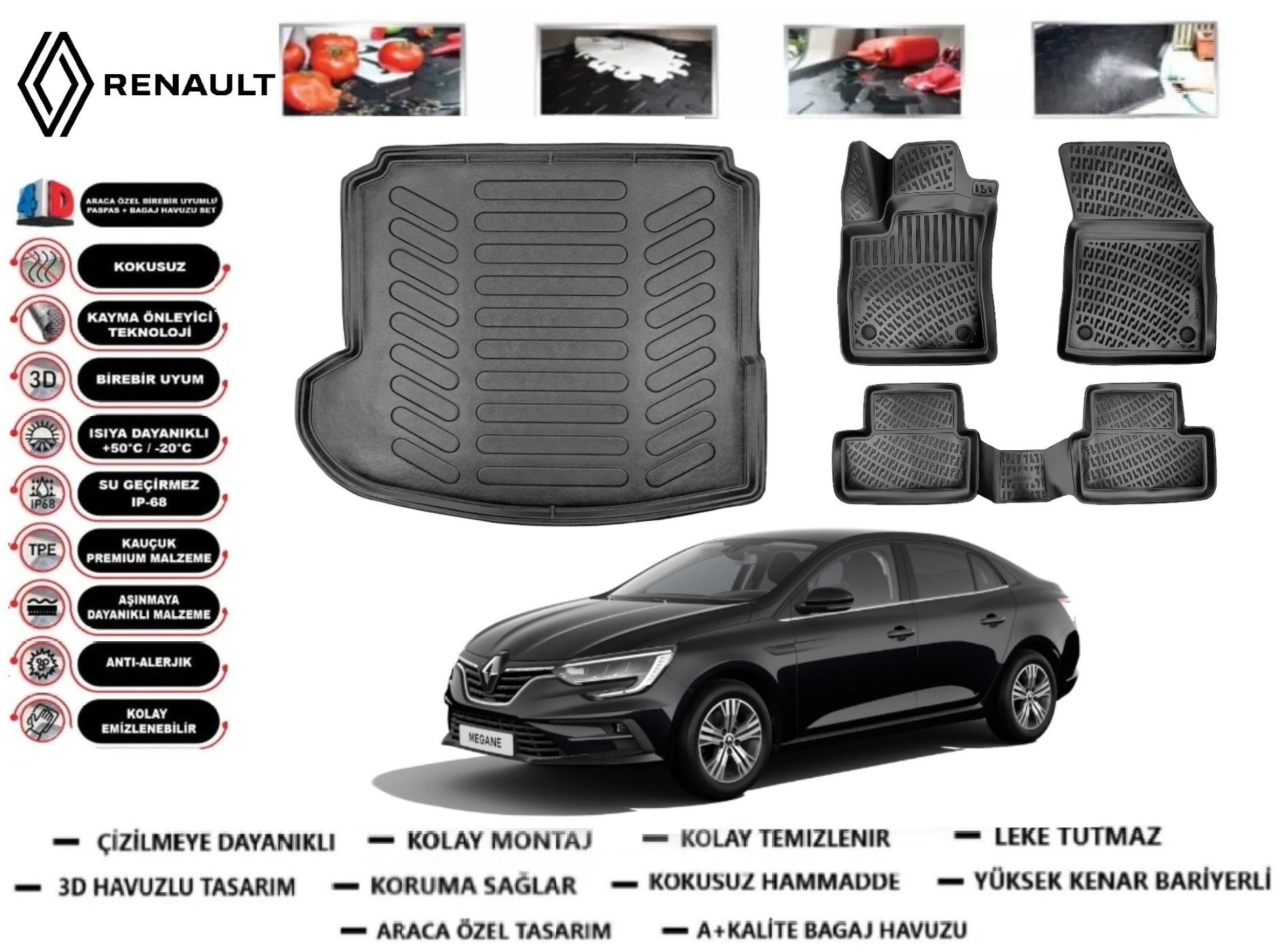 Renault Megane 4 Sedan 2016 Sonrası 3D Sol Kulaklı Bagaj Havuzu+3D Araca Özel Paspas Takımı