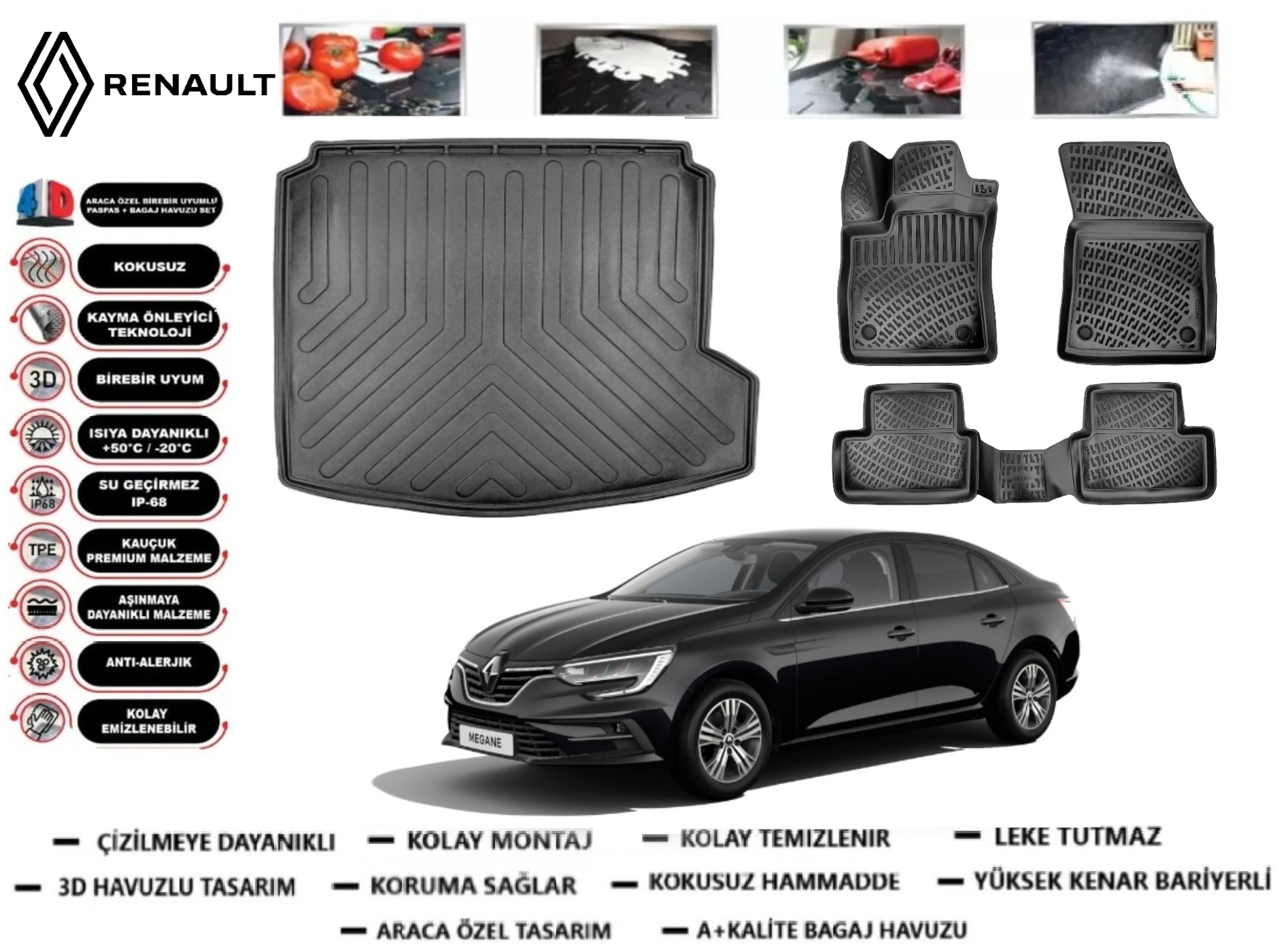 Renault Megane 4 Sedan 2016 Sonrası 3D Sağ Kulaklı Bagaj Havuzu+3D Araca Özel Paspas Takımı