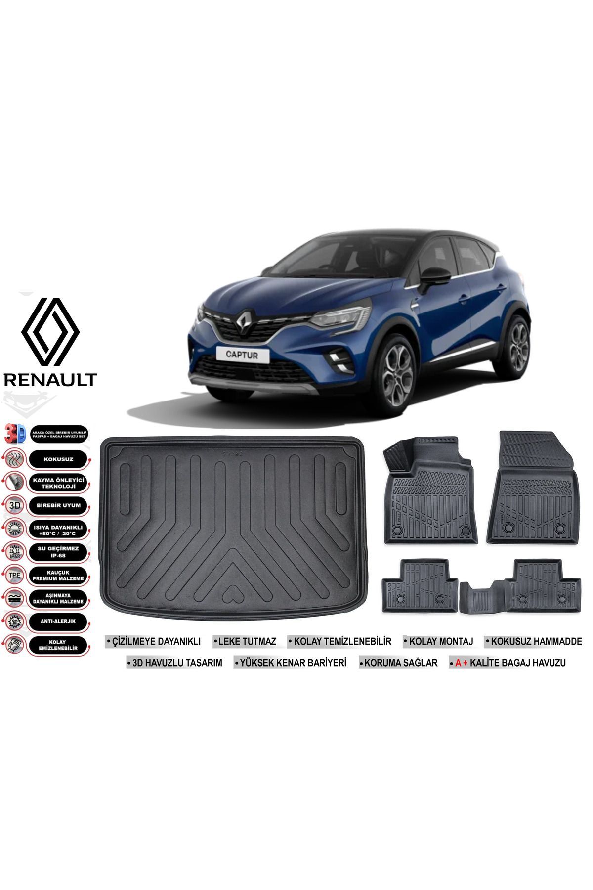 Renault Captur 2021 Model Üst Bagaj Havuzu Araca Özel Siyah Havuzlu Paspas Takımı Sett