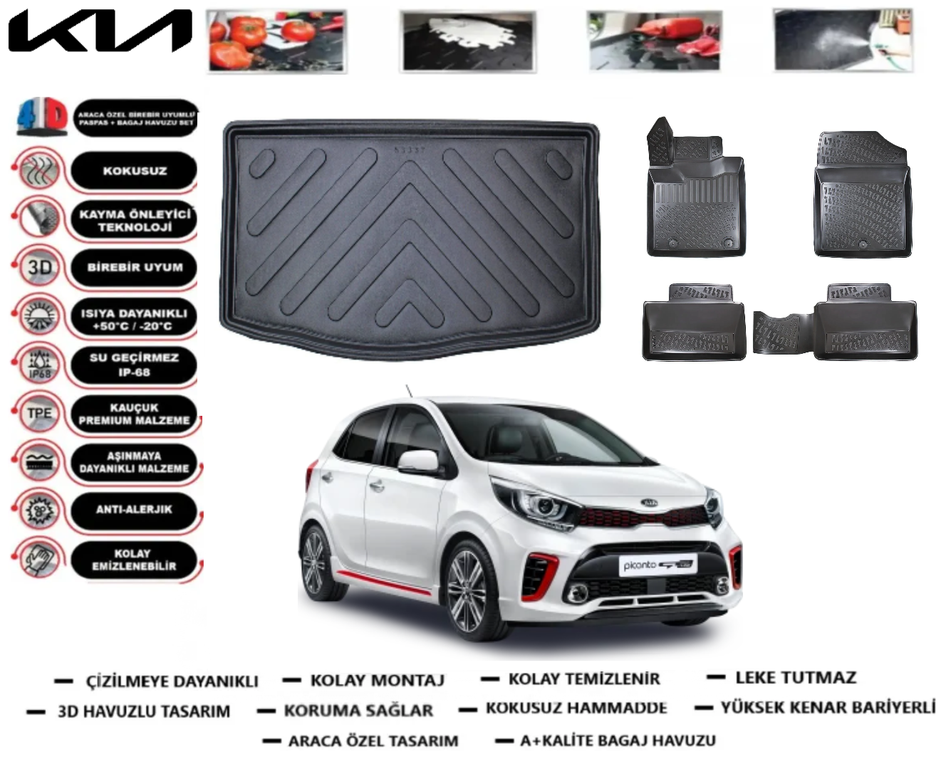 Kia Picanto 2017 Sonrası 3D Bagaj Havuzu+3D Araca Özel Paspas Takımı