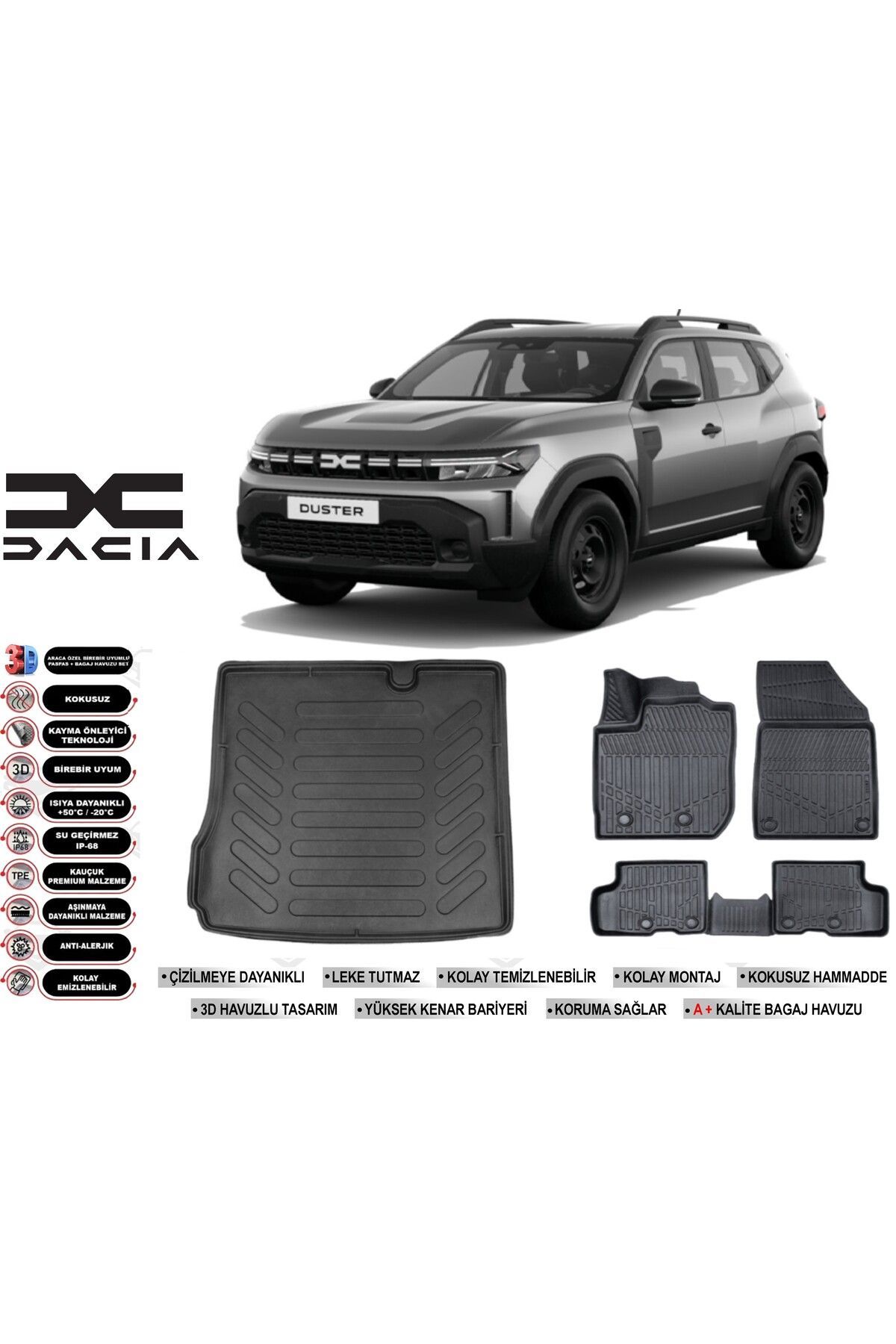 Dacia Duster 4X2 2023 Model Bagaj Havuzu Araca Özel Siyah Havuzlu Paspas Takımı Sett
