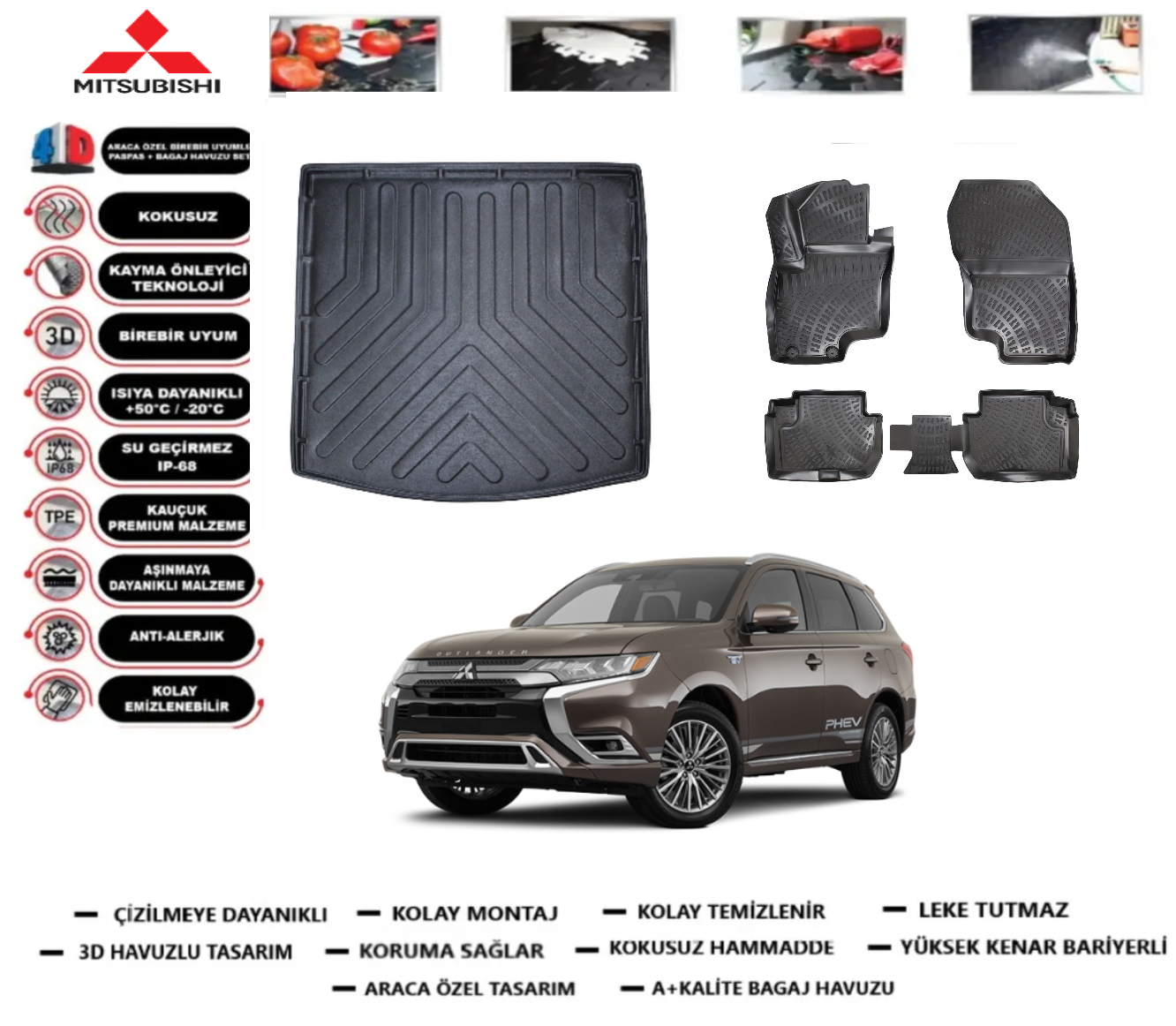 Mitsubishi Outlander Hybrid 2019 Sonrası Bagaj Havuzu+3D Araca Özel Paspas Takımı