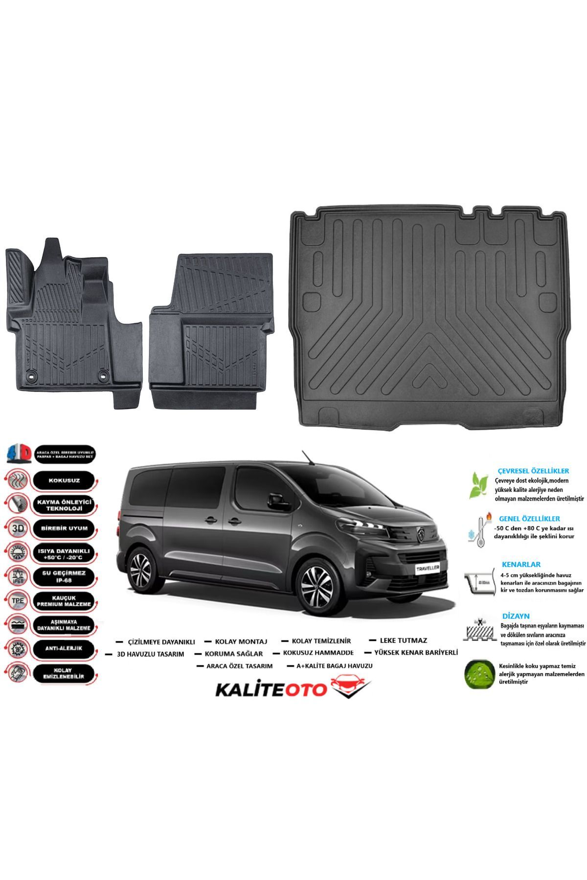 Peugeot Expert Traveller 2021 Model Esnek Bagaj Havuzu Araca Özel Siyah Paspas Takımı