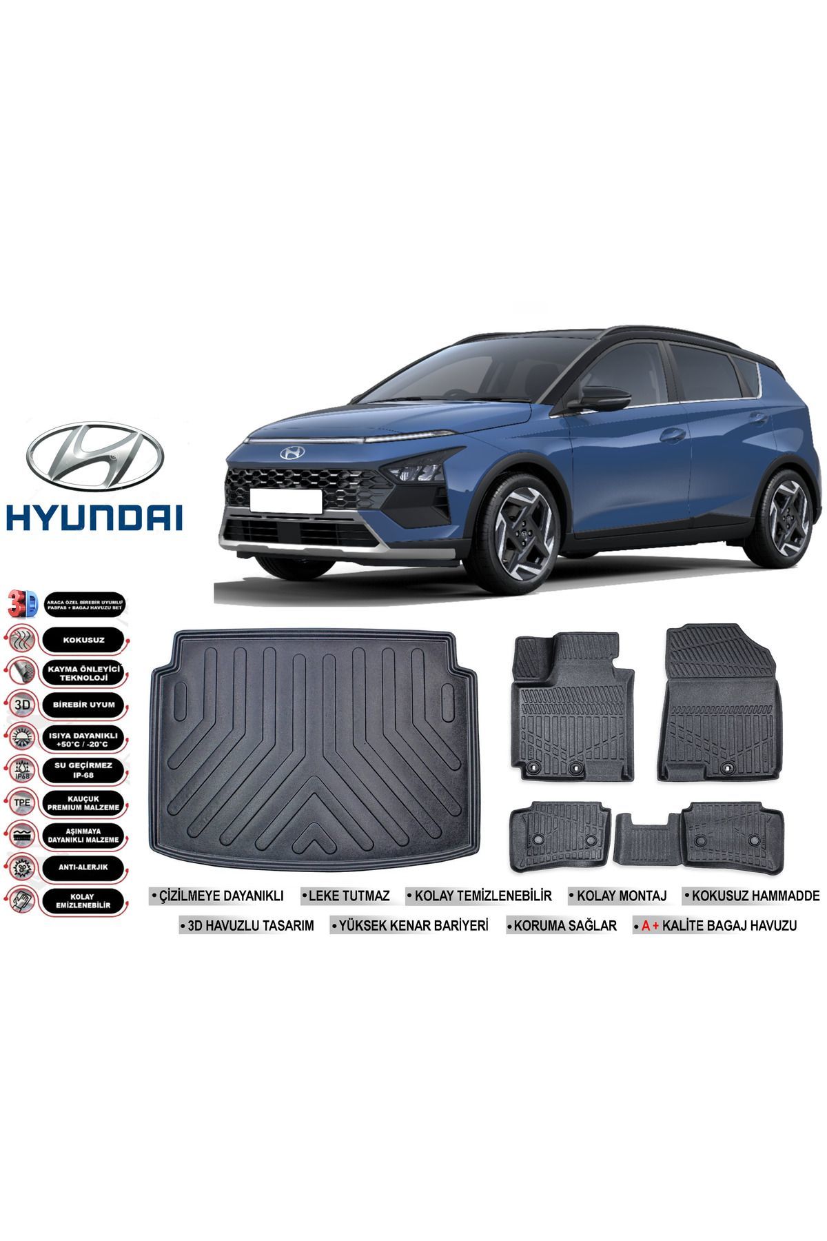 Hyundai Bayon 2021 Model Bagaj Havuzu Araca Özel Siyah Havuzlu Paspas Takımı Sett