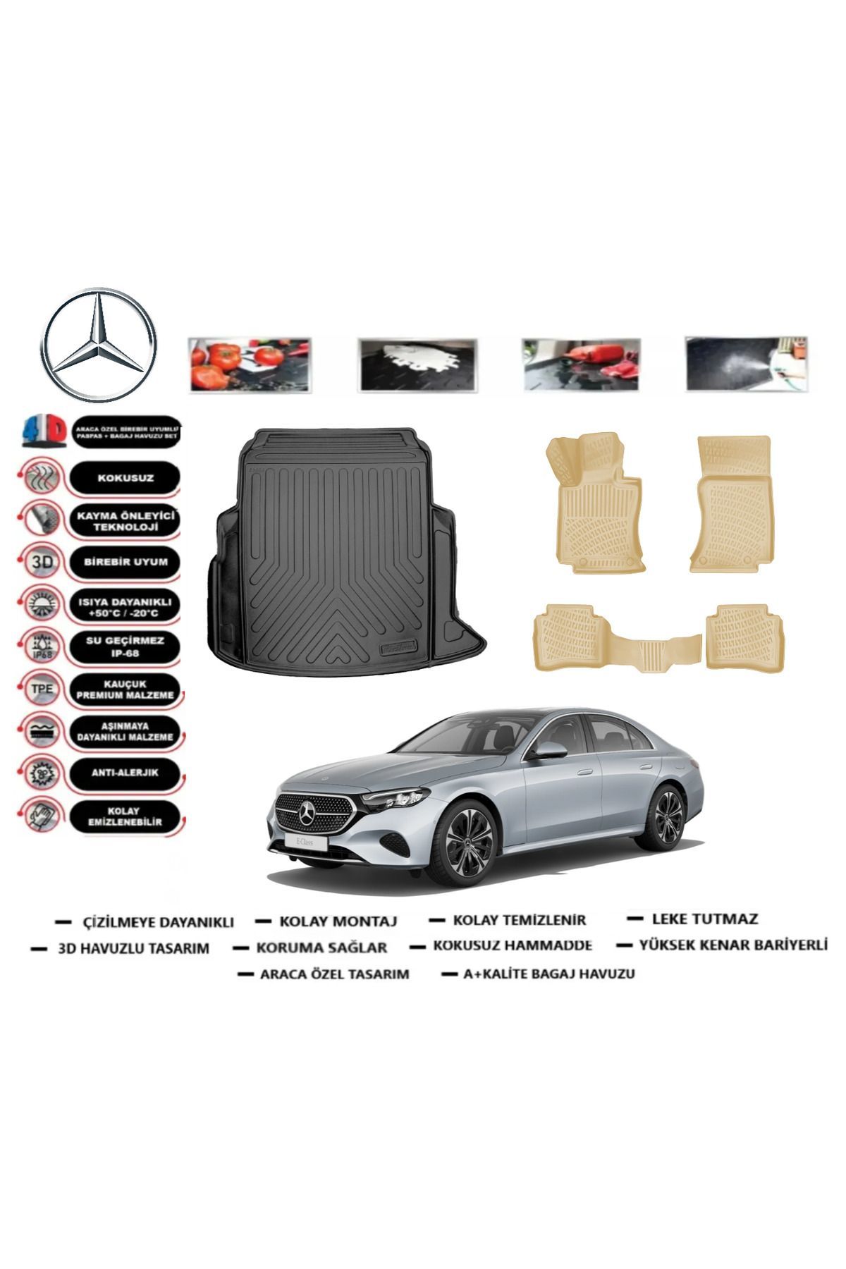 Mercedes E Serisi W214 2024 Model Bagaj Havuzu+Araca Özel Bej Paspas Takımı Flex