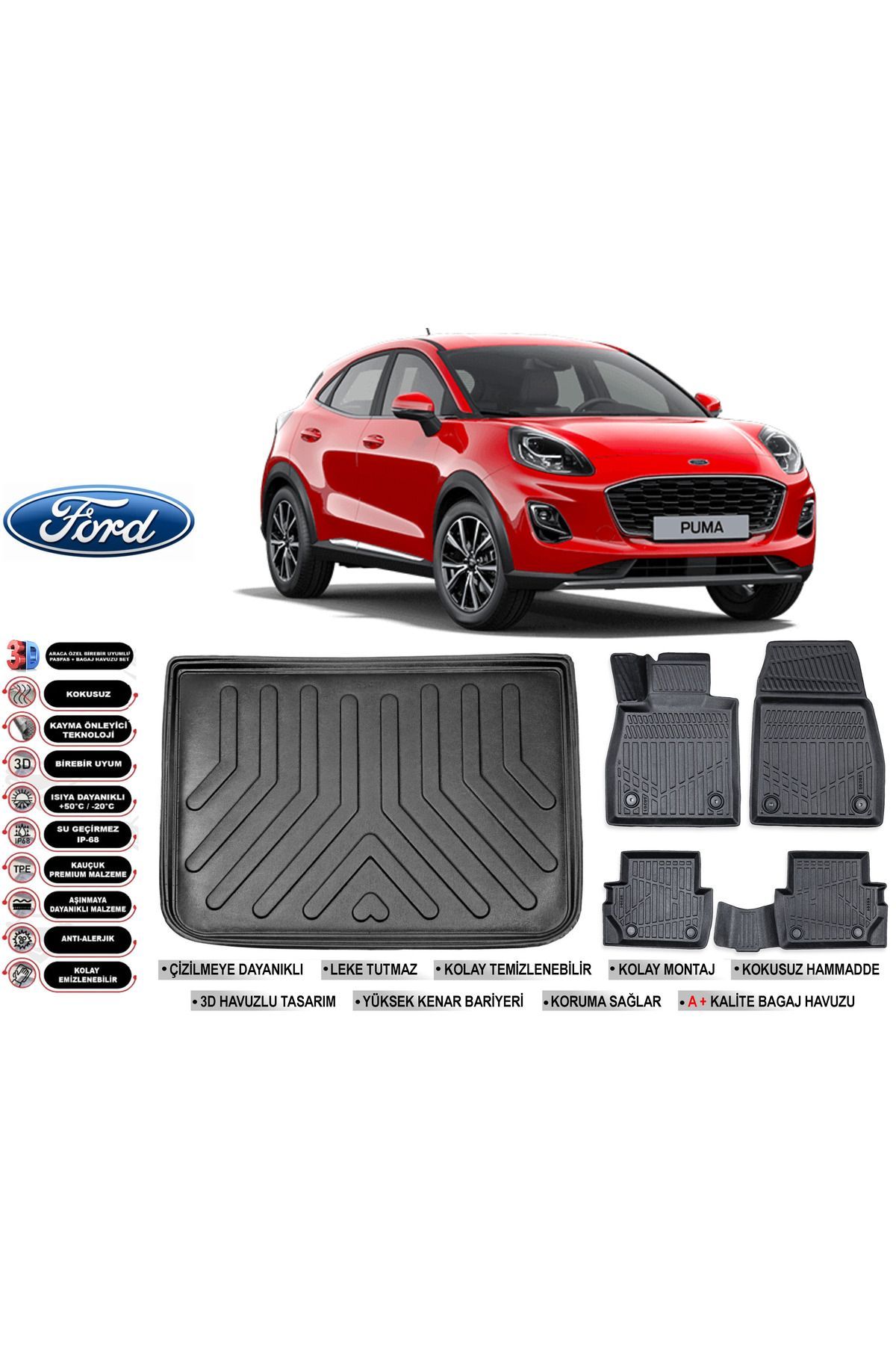 Ford Puma 2019 Model Üst Bagaj Havuzu Araca Özel Siyah Havuzlu Paspas Takımı Sett