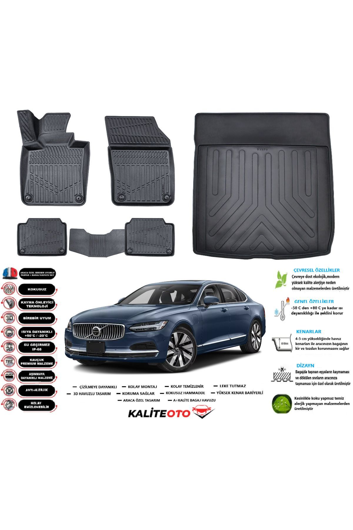Volvo S90 2023 Model Esnek Bagaj Havuzu Araca Özel Siyah Paspas Takımı