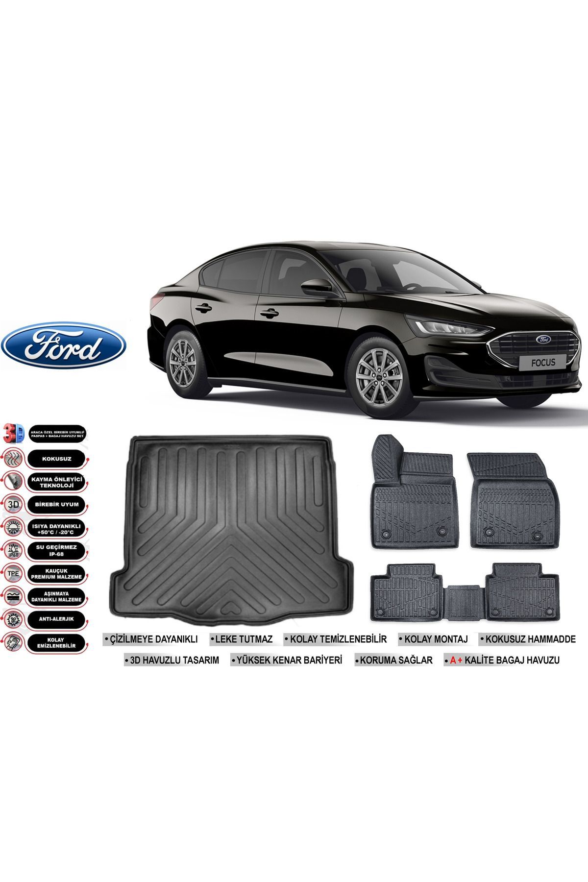Ford Focus 5 Sedan 2023 Model İnce Stepneli Bagaj Havuzu Araca Özel Siyah Havuzlu Paspas Takımı Sett