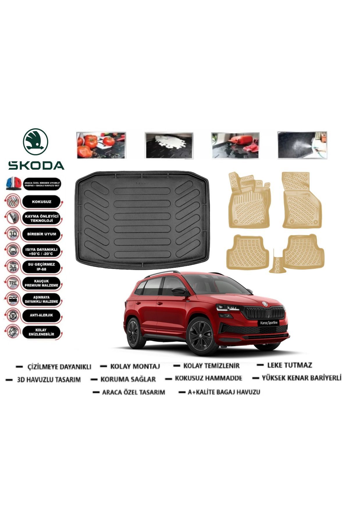 Skoda Karoq 2019 Model Bagaj Havuzu(paspası)+Araca Özel Bej Paspas Takımı Flex