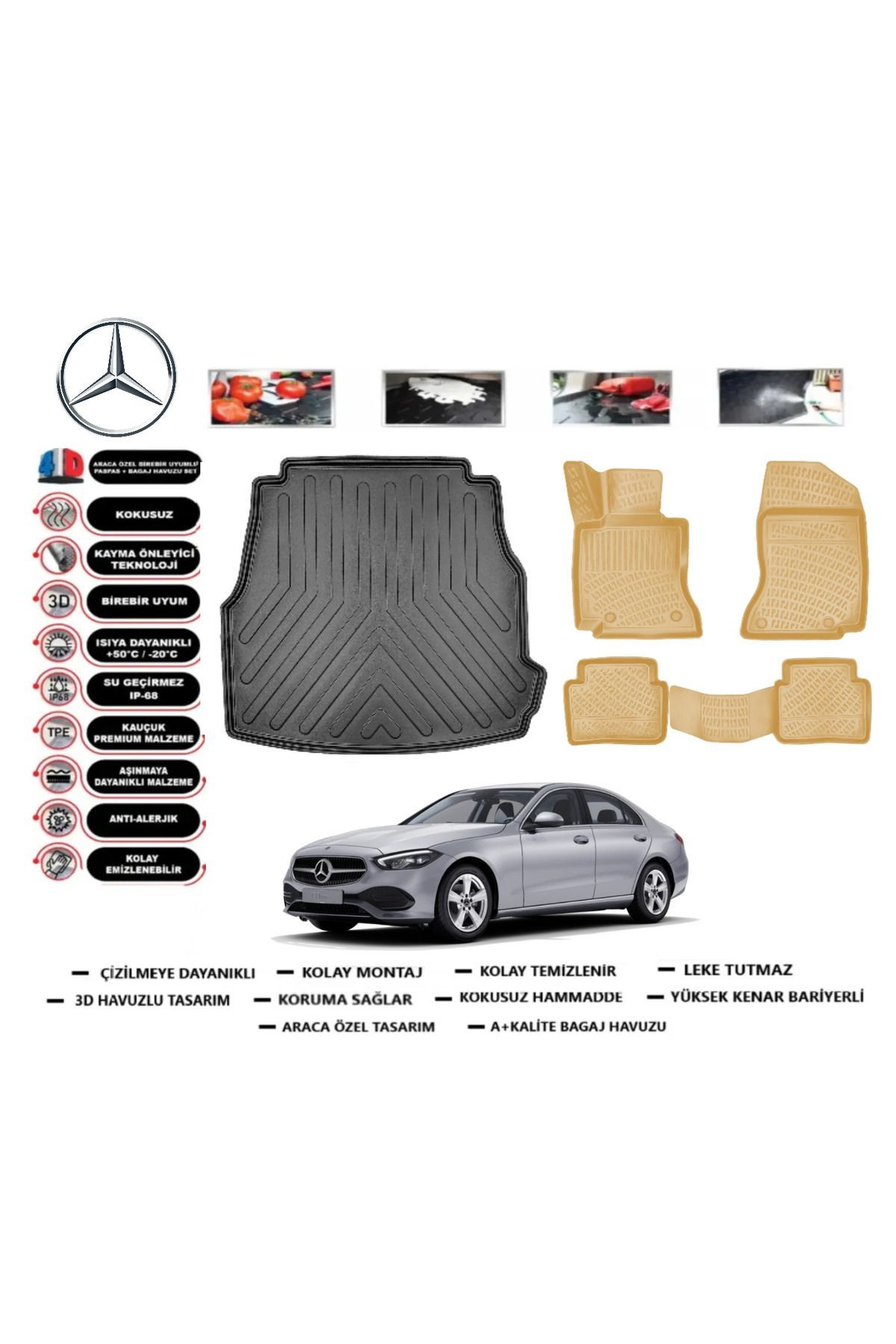 Mercedes C Serisi W206 2023 Model Bagaj Havuzu+Araca Özel Bej Paspas Takımı Flex