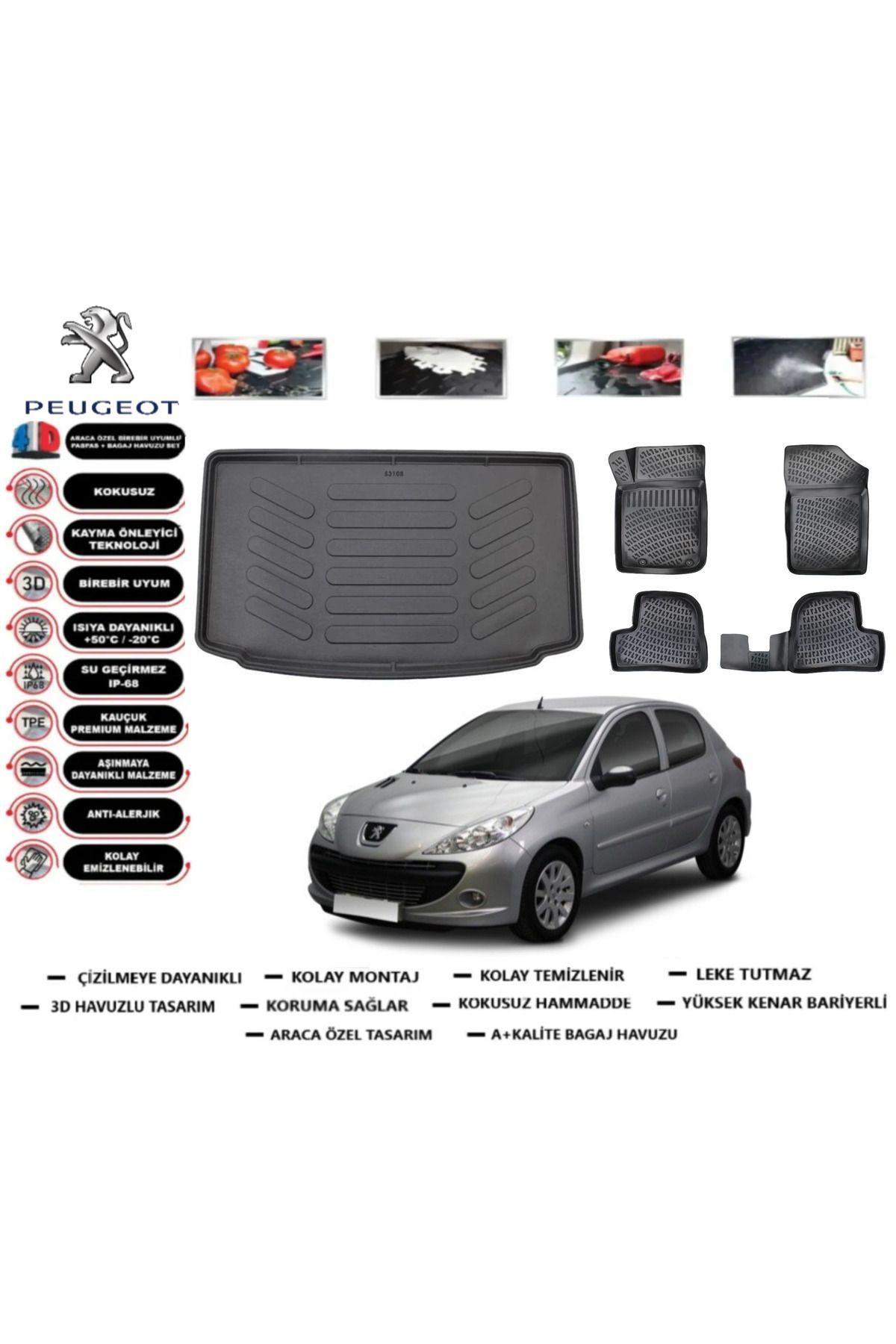 Peugeot 206 HB 2006 Model Bagaj Havuzu Araca Özel Paspas Takımı Prrox