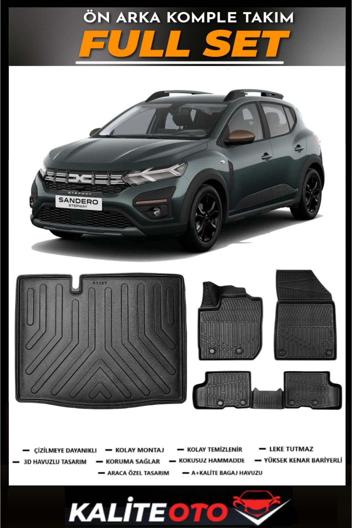Dacia Sandero Bagaj Havuzu+4.5D Havuzlu Paspas Seti 2024 Model