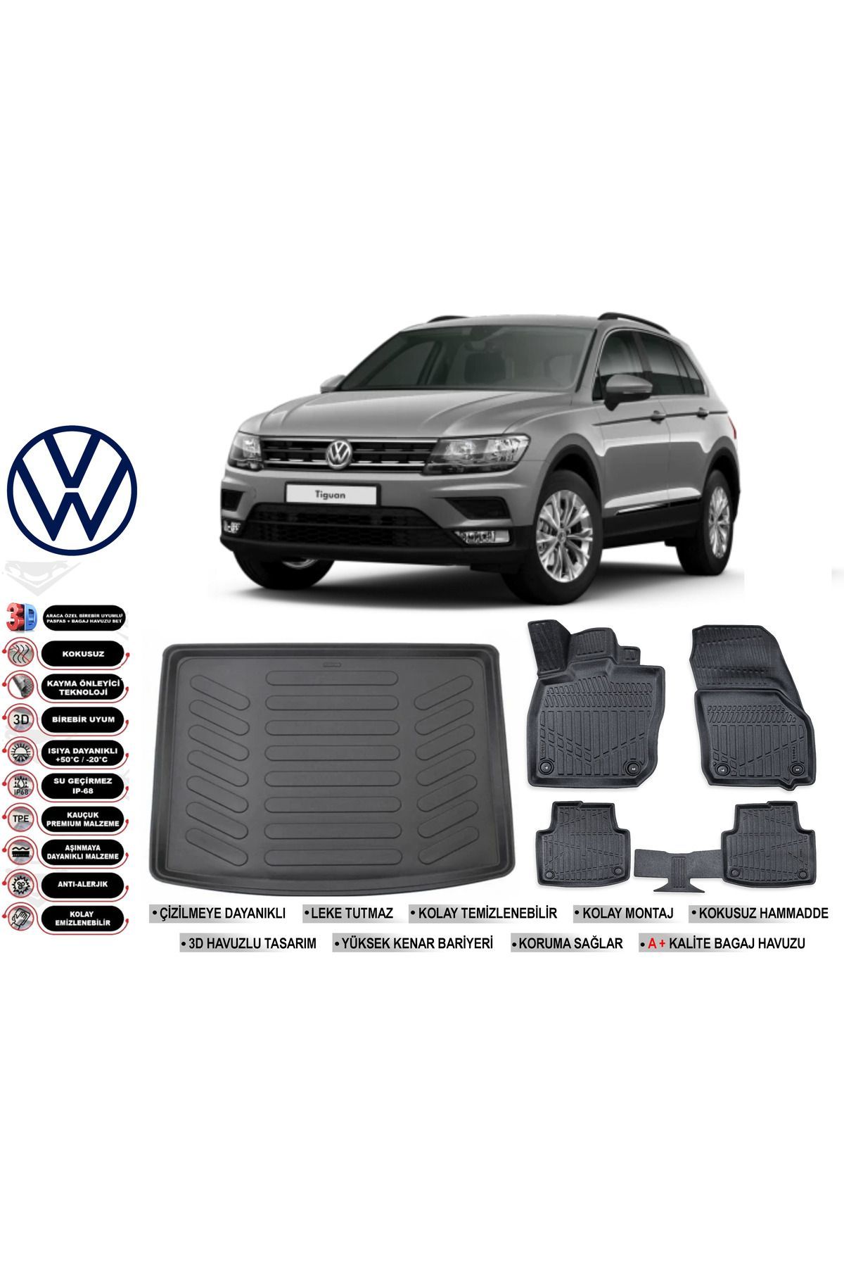 Volkswagen Tiguan 2023 Model Üst Bagaj Havuzu Araca Özel Siyah Havuzlu Paspas Takımı Sett