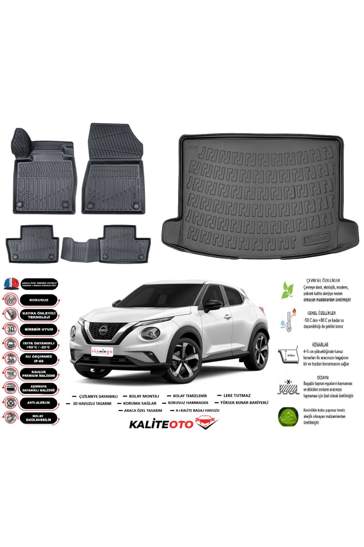 Nisan Juke 2024 Model Üst Esnek Bagaj Havuzu Paspası Araca Özel Siyah Kokusuz Paspas Takımı