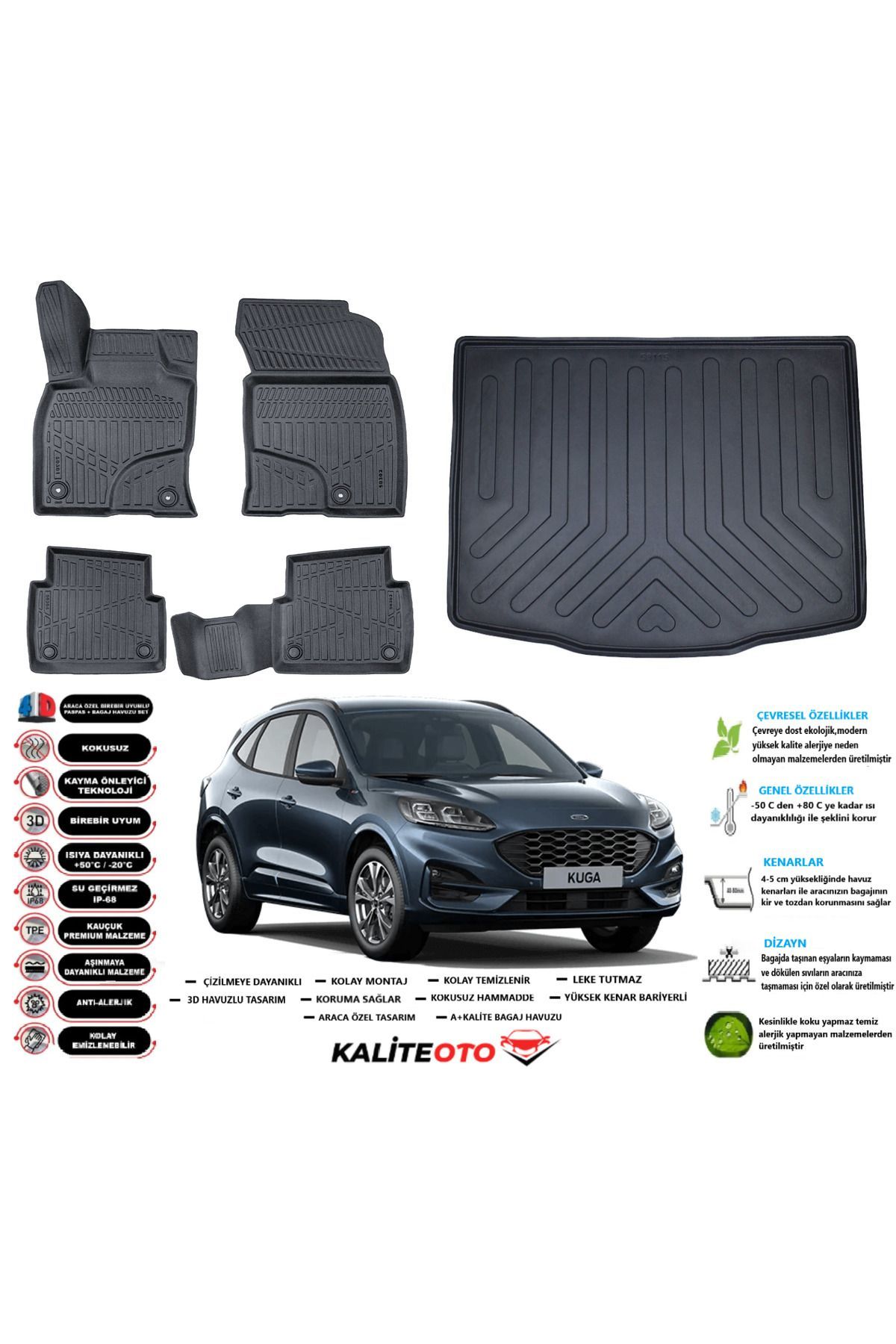 Ford Kuga 2022 Model Esnek Bagaj Havuzu Paspası Araca Özel Siyah Kokusuz Paspas Takımı
