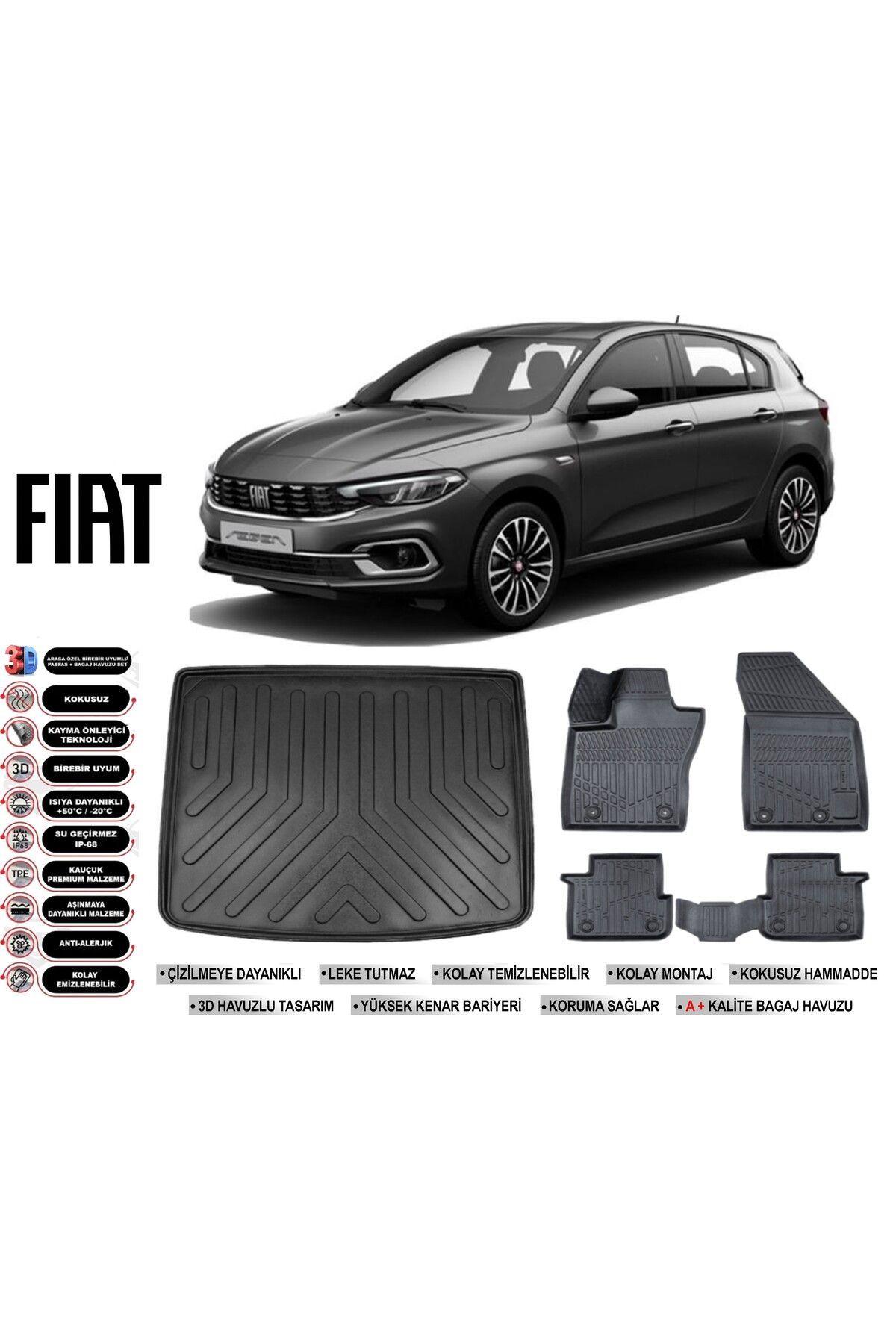 Fiat Egea Hatchback 2019 Model Tamir Kitli Bagaj Havuzu Araca Özel Siyah Havuzlu Paspas Takımı Sett
