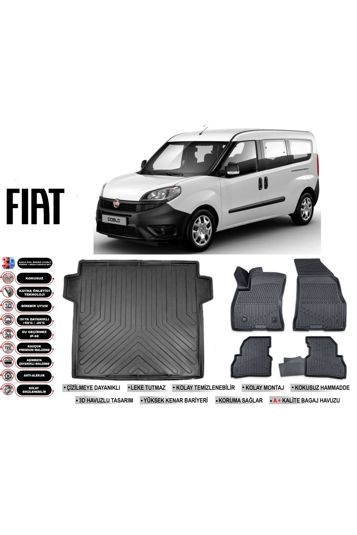 Fiat Doblo Maxi 2019 Model Bagaj Havuzu Araca Özel Siyah Havuzlu Paspas Takımı Sett