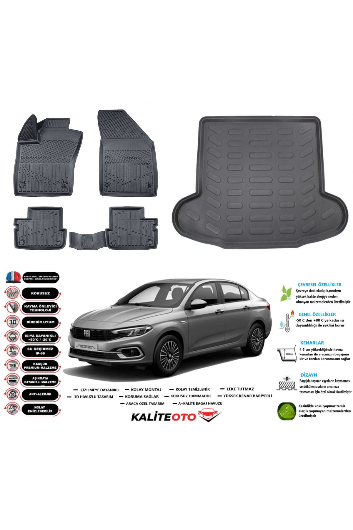 Fiat Egea Hybrıd 2025 Model Esnek Bagaj Havuzu Araca Özel Siyah Paspas Takımı