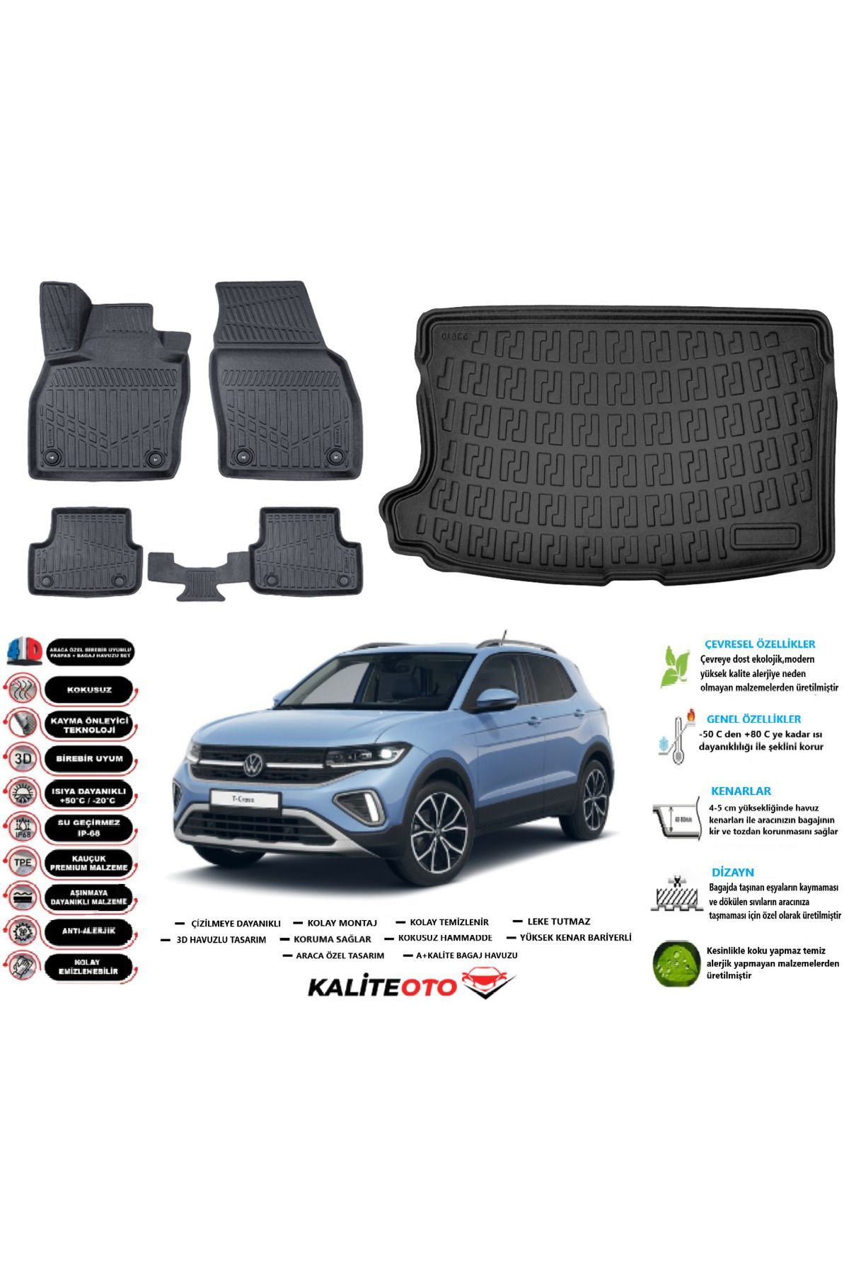 Volkswagen T-Cross 2022 Model Üst Esnek Bagaj Havuzu Araca Özel Siyah Paspas Takımı