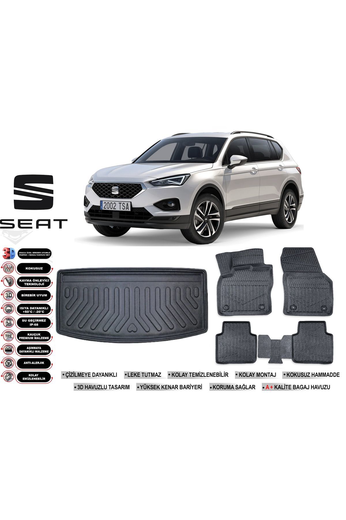 Seat Taracco 2023 Model 7 Koltuk Bagaj Havuzu Araca Özel Siyah Havuzlu Paspas Takımı Sett