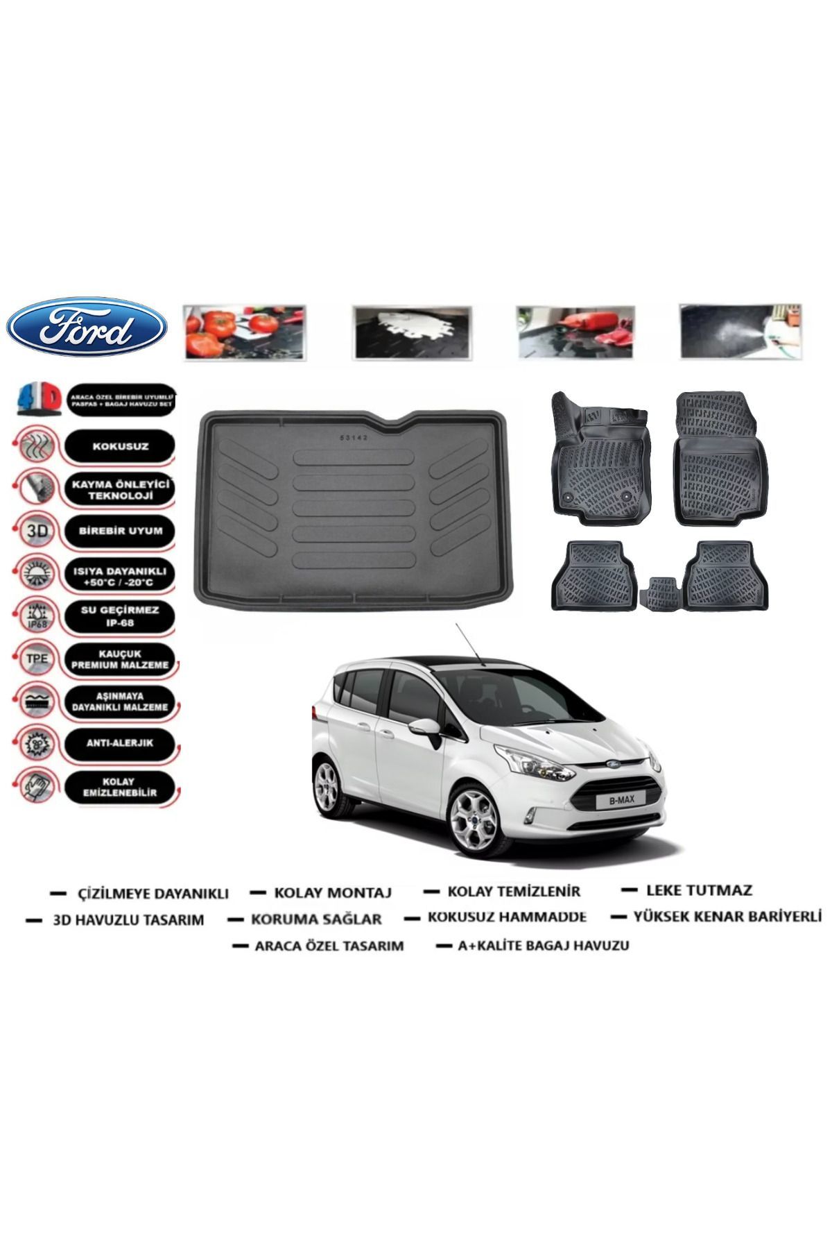 Ford B-Max 2014 Model Alt Bagaj Havuzu Araca Özel Paspas Takımı Prrox