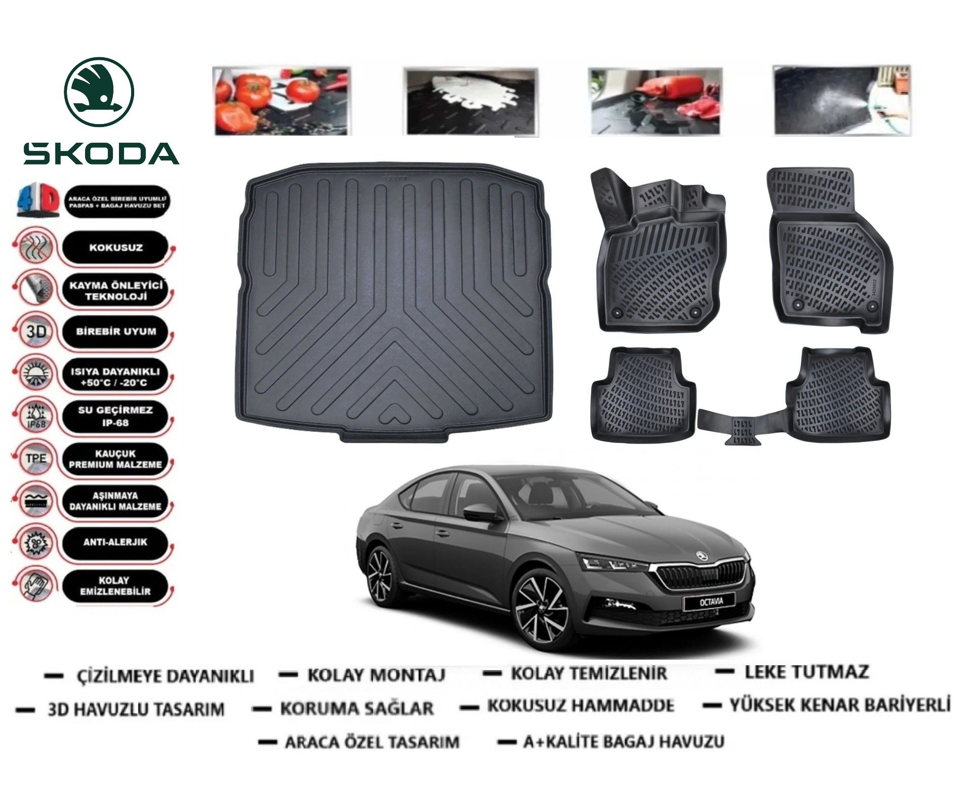 Skoda Octavia 2019 Sonrası 3D Bagaj Havuzu+3D Araca Özel Paspas Takımı