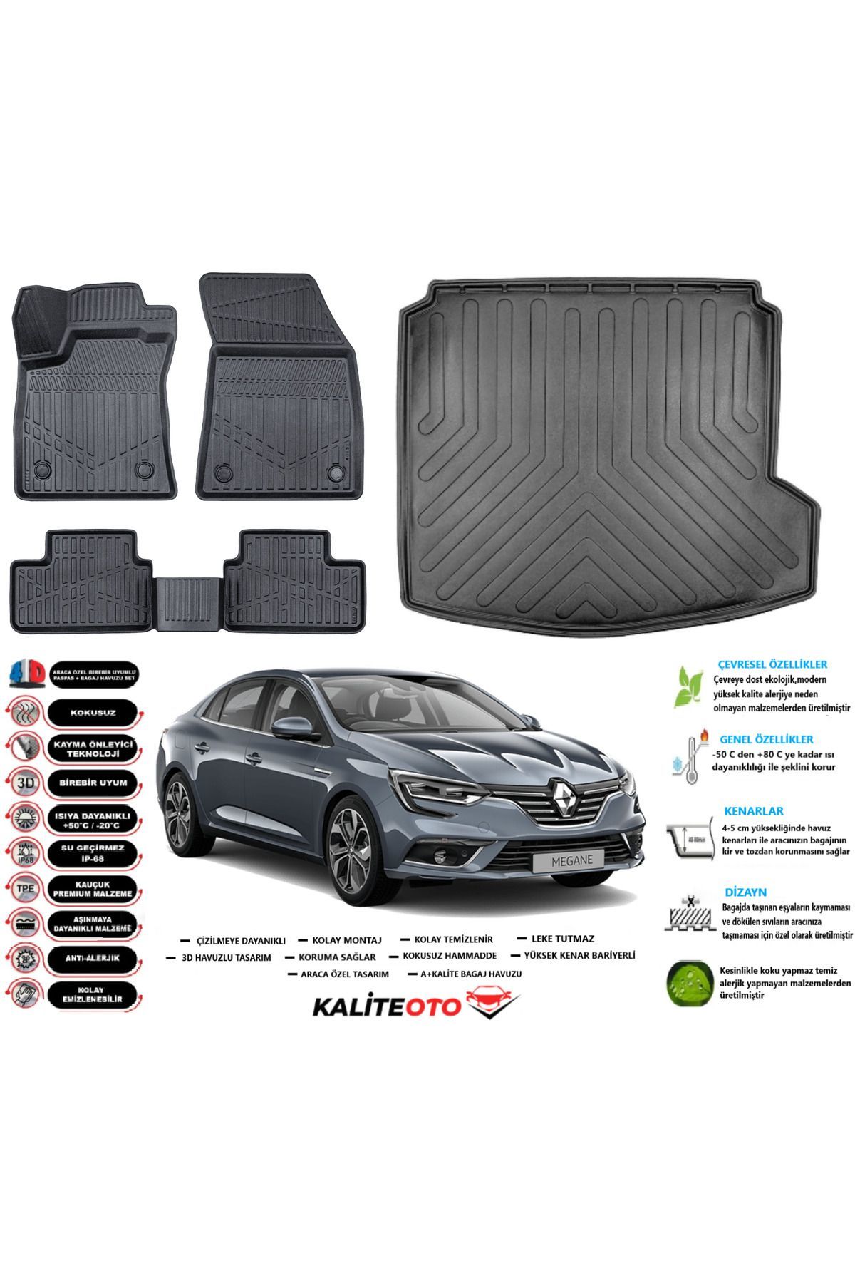 Renault Megane 4 2019 Model Sağ Kulak Esnek Bagaj Havuzu Araca Özel Siyah Kokusuz Paspas Takımı