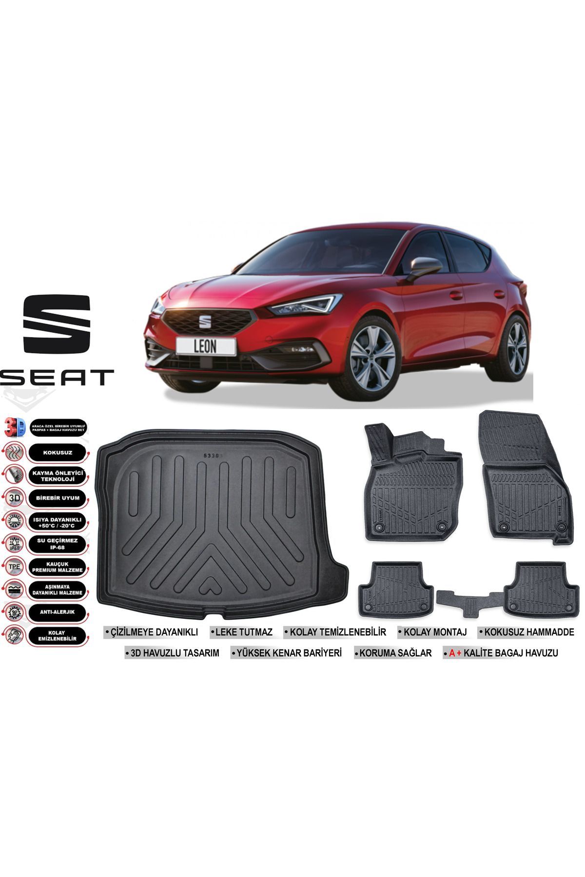 Seat Leon 2024 Model Bagaj Havuzu Araca Özel Siyah Havuzlu Paspas Takımı Sett