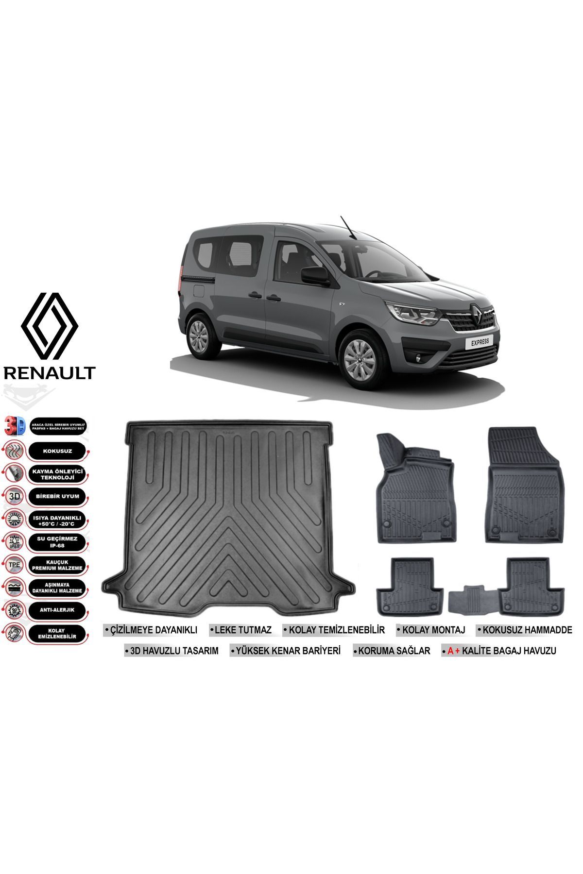 Renault Express 2025 Model Bagaj Havuzu Araca Özel Siyah Havuzlu Paspas Takımı Sett