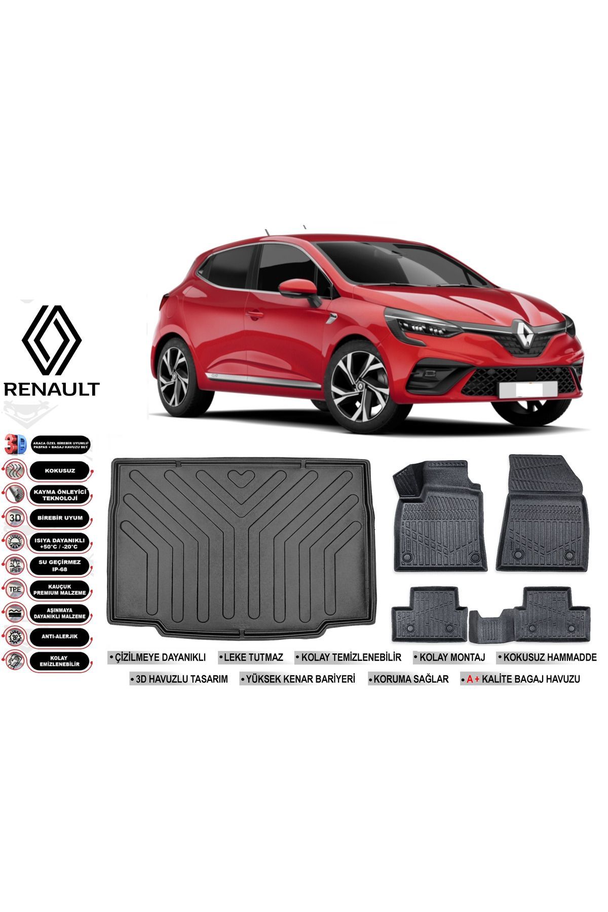 Renault Clio 5 2020 Model Bagaj Havuzu Araca Özel Siyah Havuzlu Paspas Takımı Sett