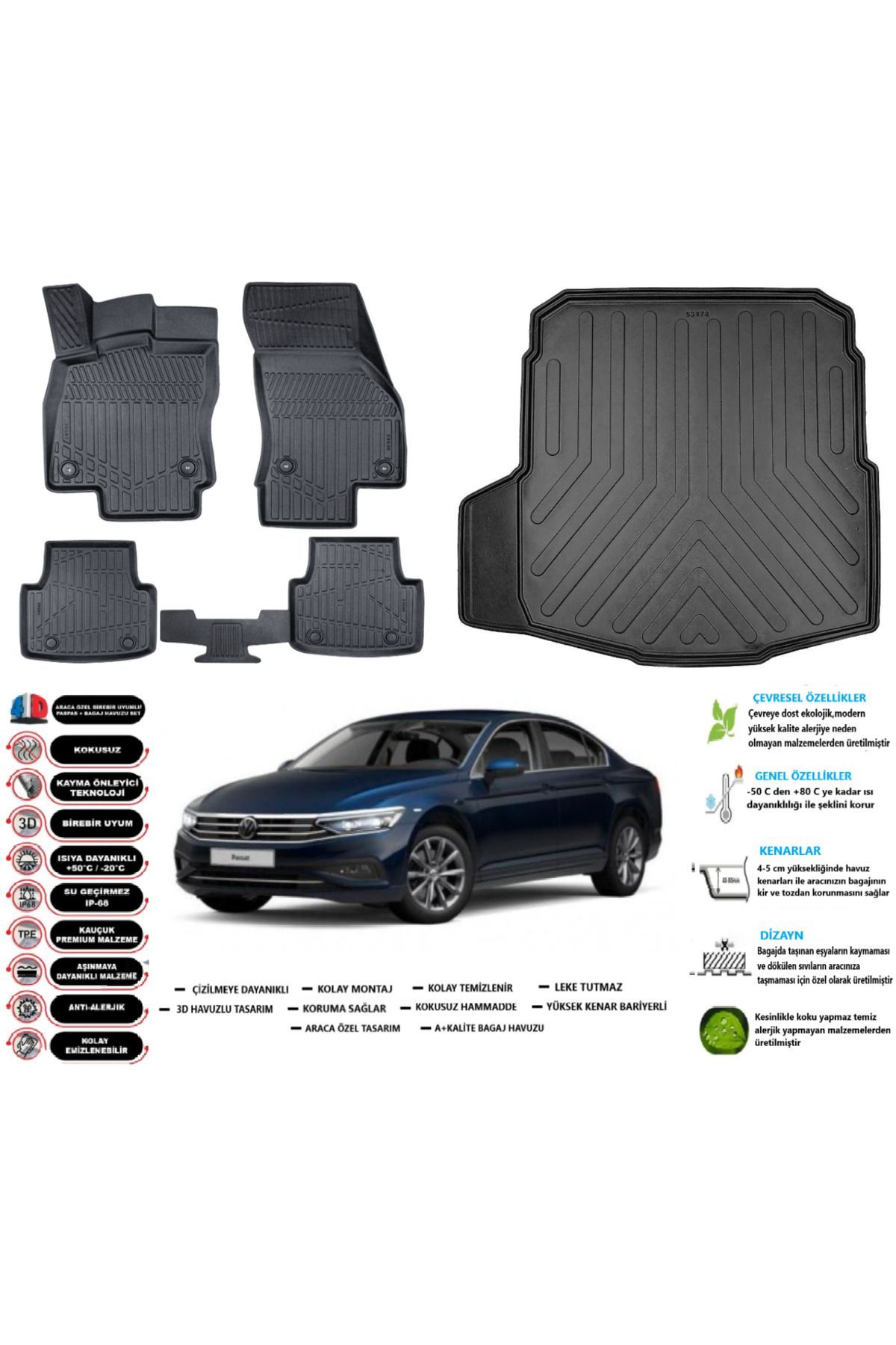 Volkswagen Passat B8 İmpression 2015 Model Esnek Bagaj Havuzu Araca Özel Siyah Paspas Takımı