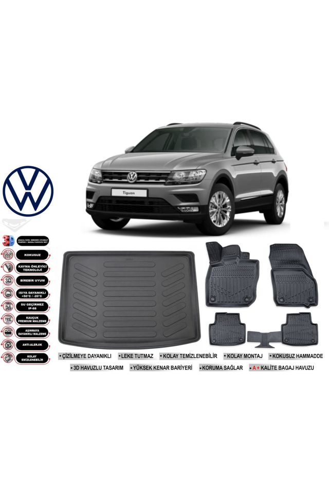 Volkswagen Tiguan 2017 Model Üst Bagaj Havuzu Araca Özel Siyah Havuzlu Paspas Takımı Sett