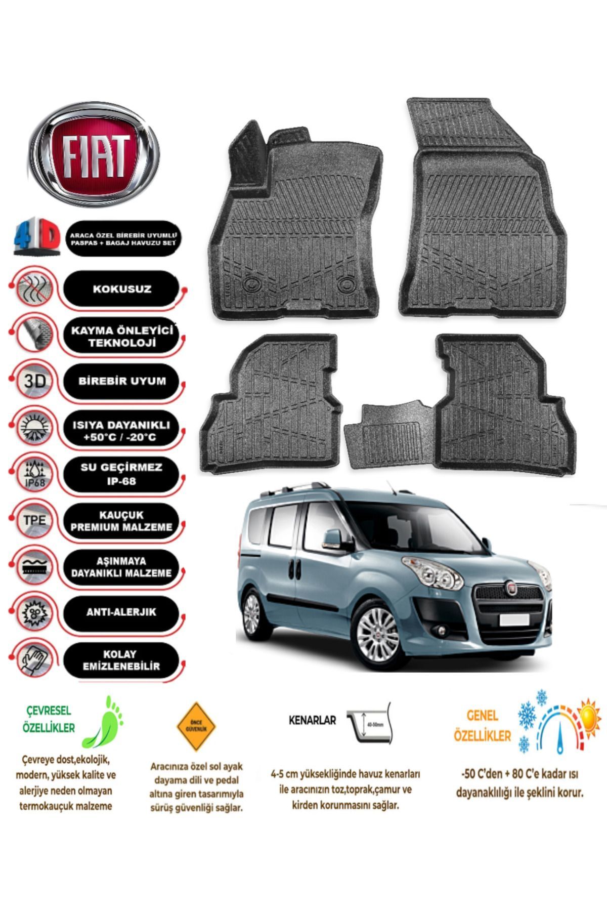 Fiat Doblo 2017 Model 4D Araca Özel Havuzlu Paspas Takımı