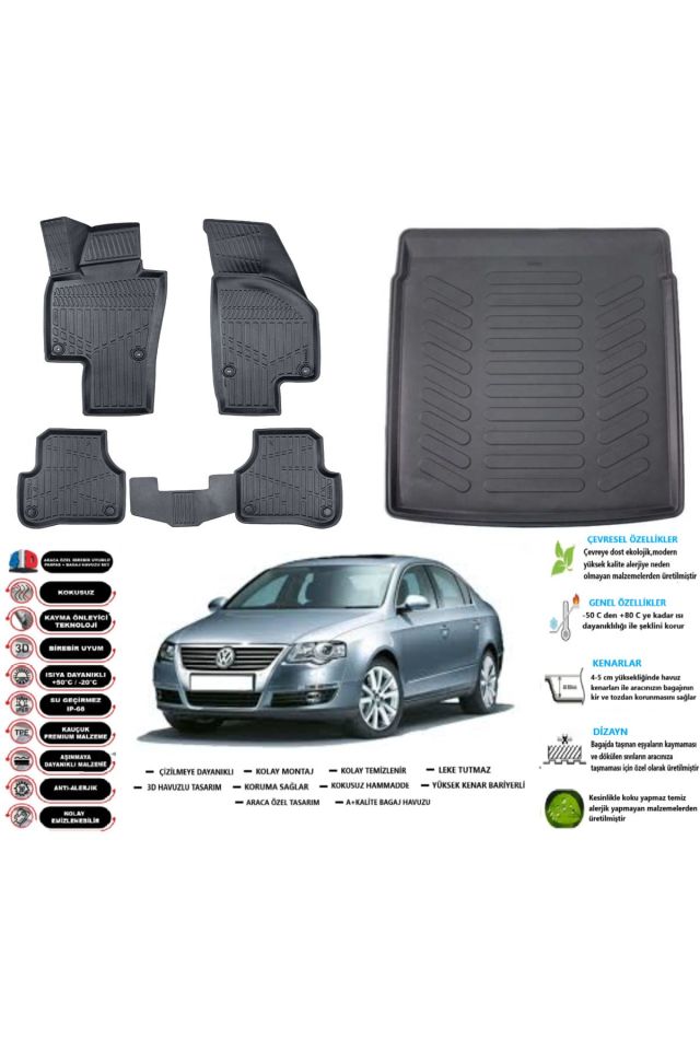 Volkswagen Passat B6 2008 Model Esnek Bagaj Havuzu Araca Özel Siyah Paspas Takımı