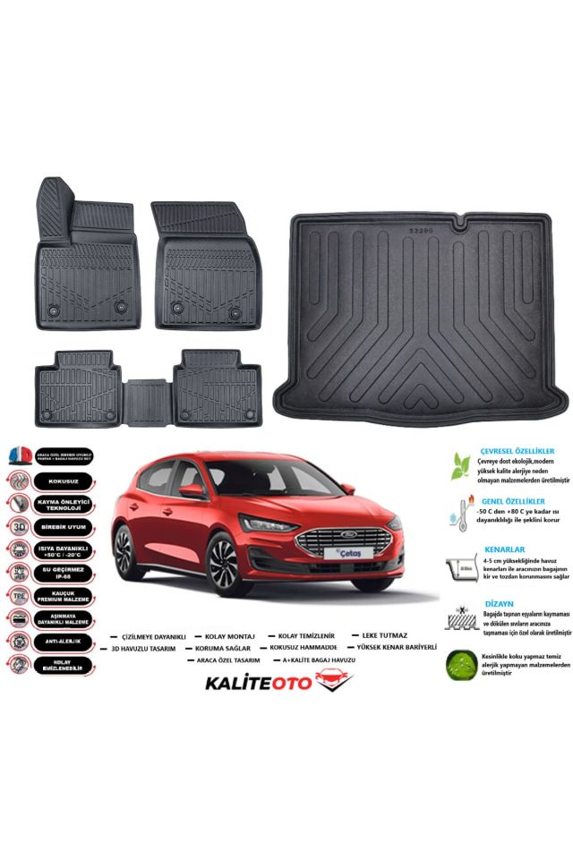 Ford Focus 5 Hatchback 2021 Model Stepneli Esnek Bagaj Havuzu Araca Özel Siyah Paspas Takımı