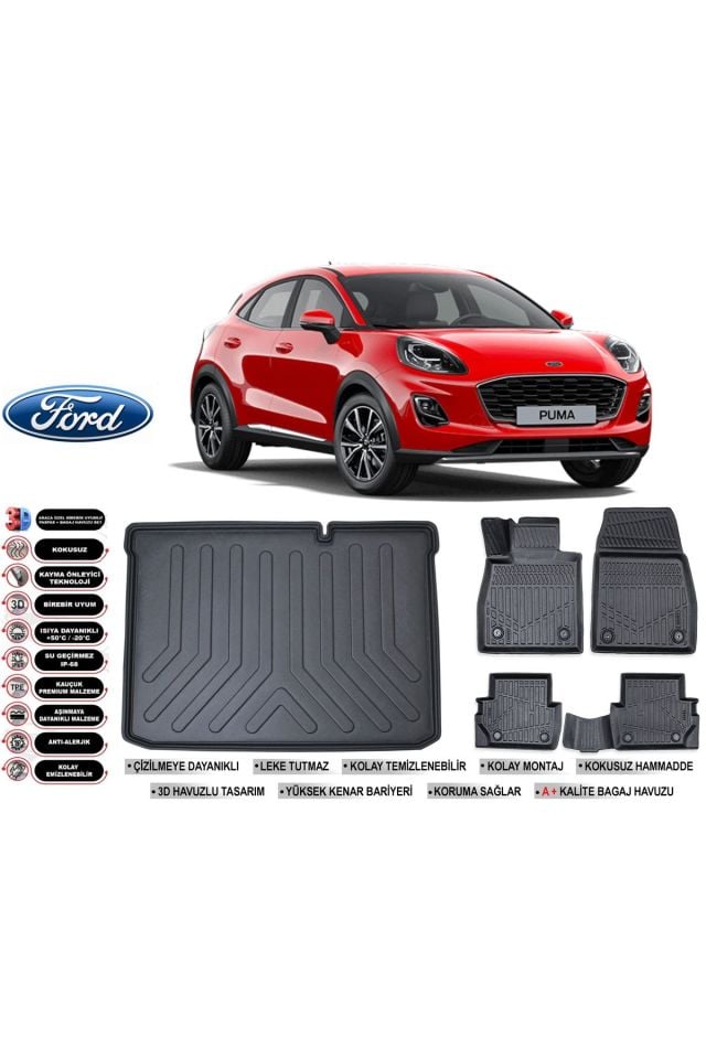 Ford Puma 2019 Model Alt Bagaj Havuzu Araca Özel Siyah Havuzlu Paspas Takımı Sett