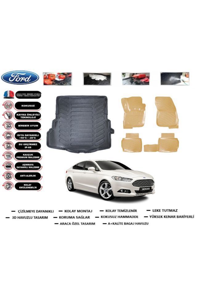 Ford Mondeo 2015 Model Bagaj Havuzu+Araca Özel Bej Paspas Takımı Flex