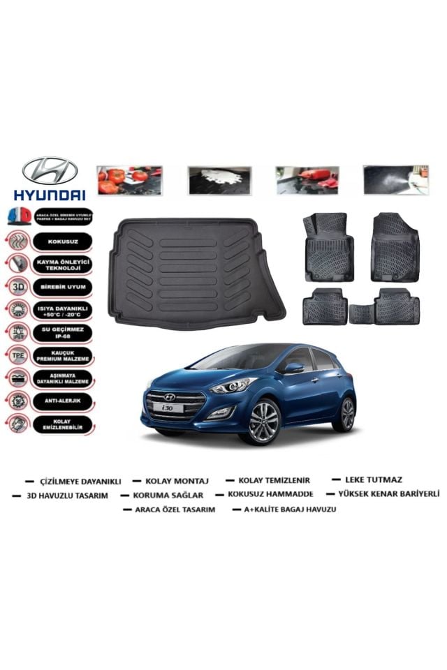 Hyundai i30 2014 Model İnce Stepne Bagaj Havuzu Araca Özel Paspas Takımı Prrox
