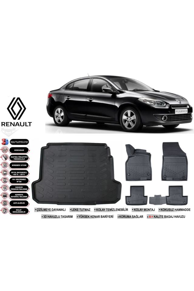 Renault Fluence 2011 Model Bagaj Havuzu Araca Özel Siyah Havuzlu Paspas Takımı Sett