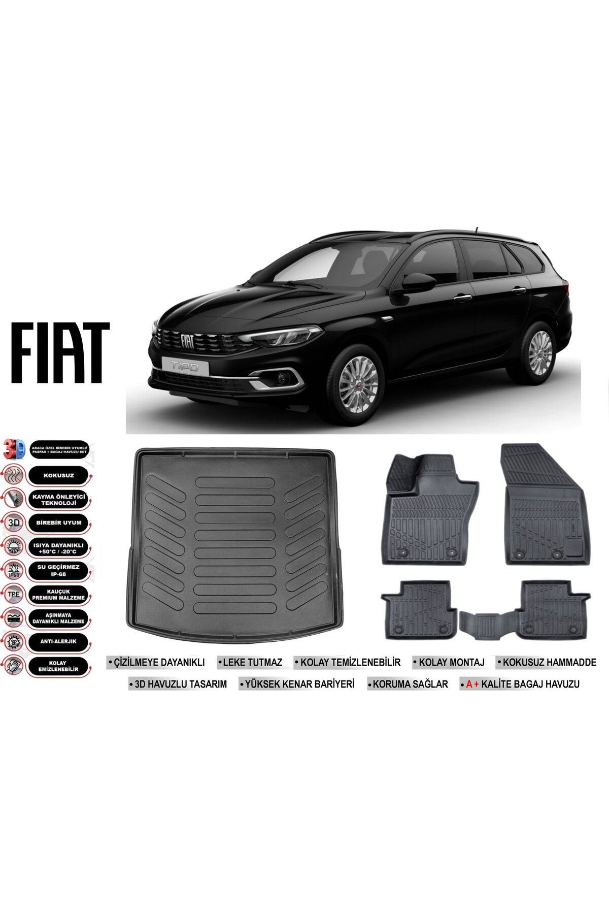 Fiat Egea Station Vagon 2021 Model Üst Bagaj Havuzu Araca Özel Siyah Havuzlu Paspas Takımı Sett