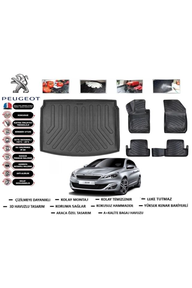 Peugeot 308 2019 Model Bagaj Havuzu Araca Özel Paspas Takımı Prrox