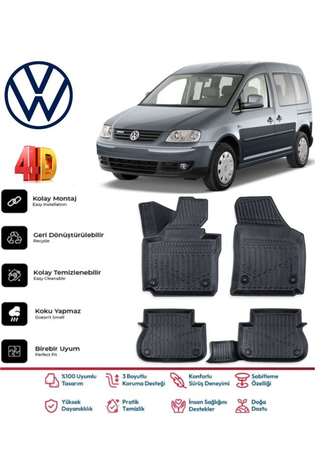 Volkswagen Caddy 2002-2010 4.5D Plus Havuzlu Siyah Paspas Takımı Yumuşak