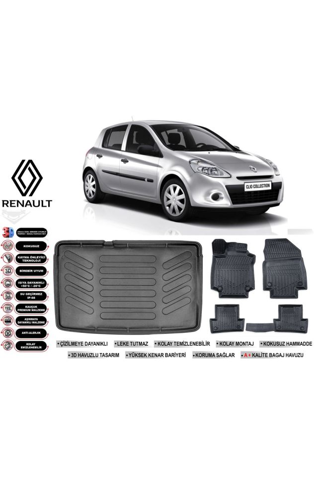 Renault Clio 3 2006 Model Kancasız Bagaj Havuzu Araca Özel Siyah Havuzlu Paspas Takımı Sett