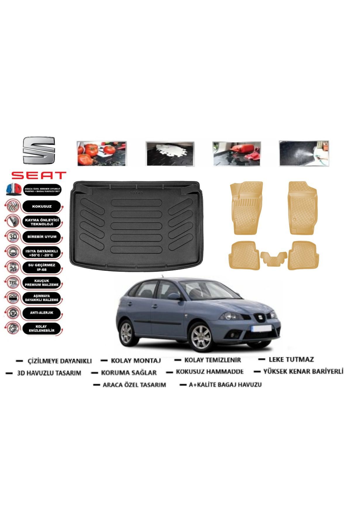 Seat İbiza 2007 Model Bagaj Havuzu(paspası)+Araca Özel Bej Paspas Takımı Flex