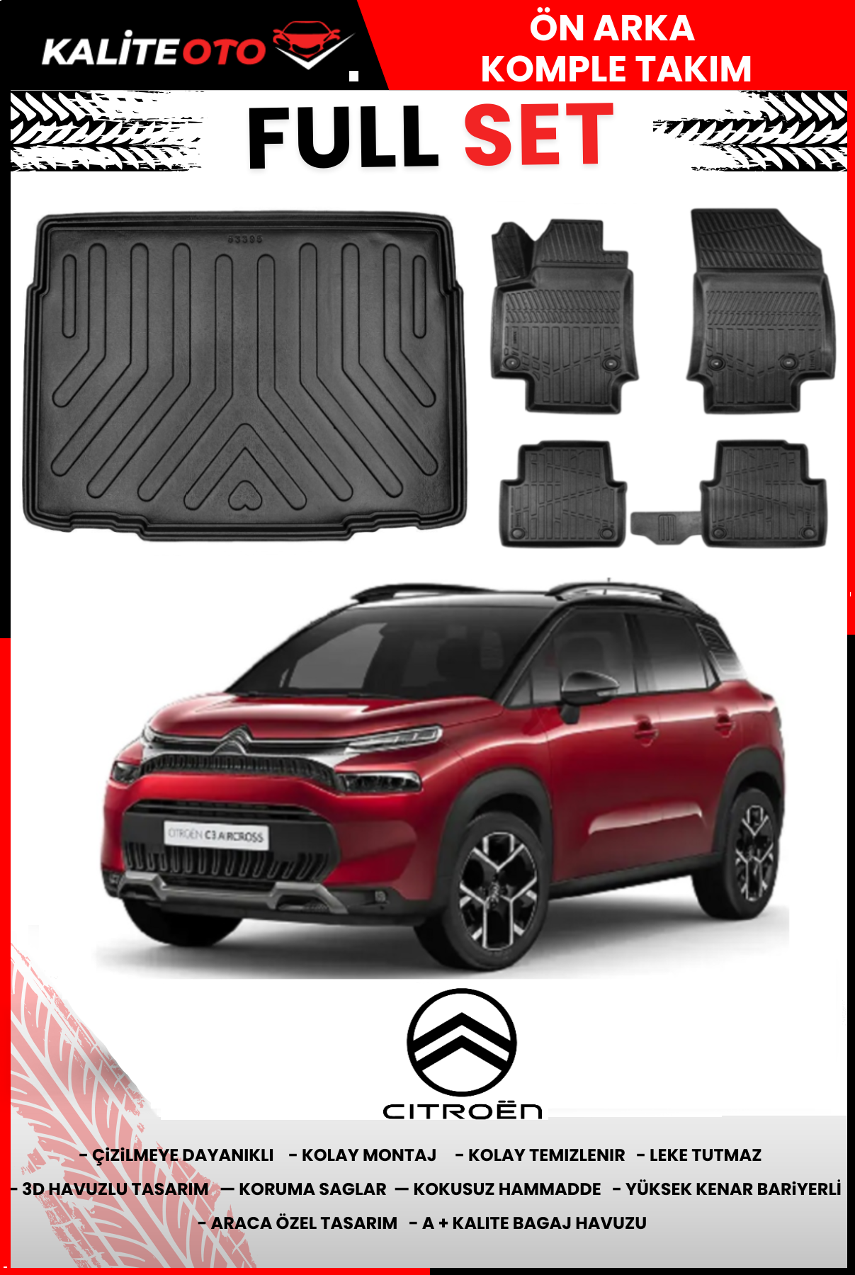 Citroen C3 Aircross 2016 Ve Sonrası 3D Bagaj Havuzu+4D Havuzlu Paspas Seti