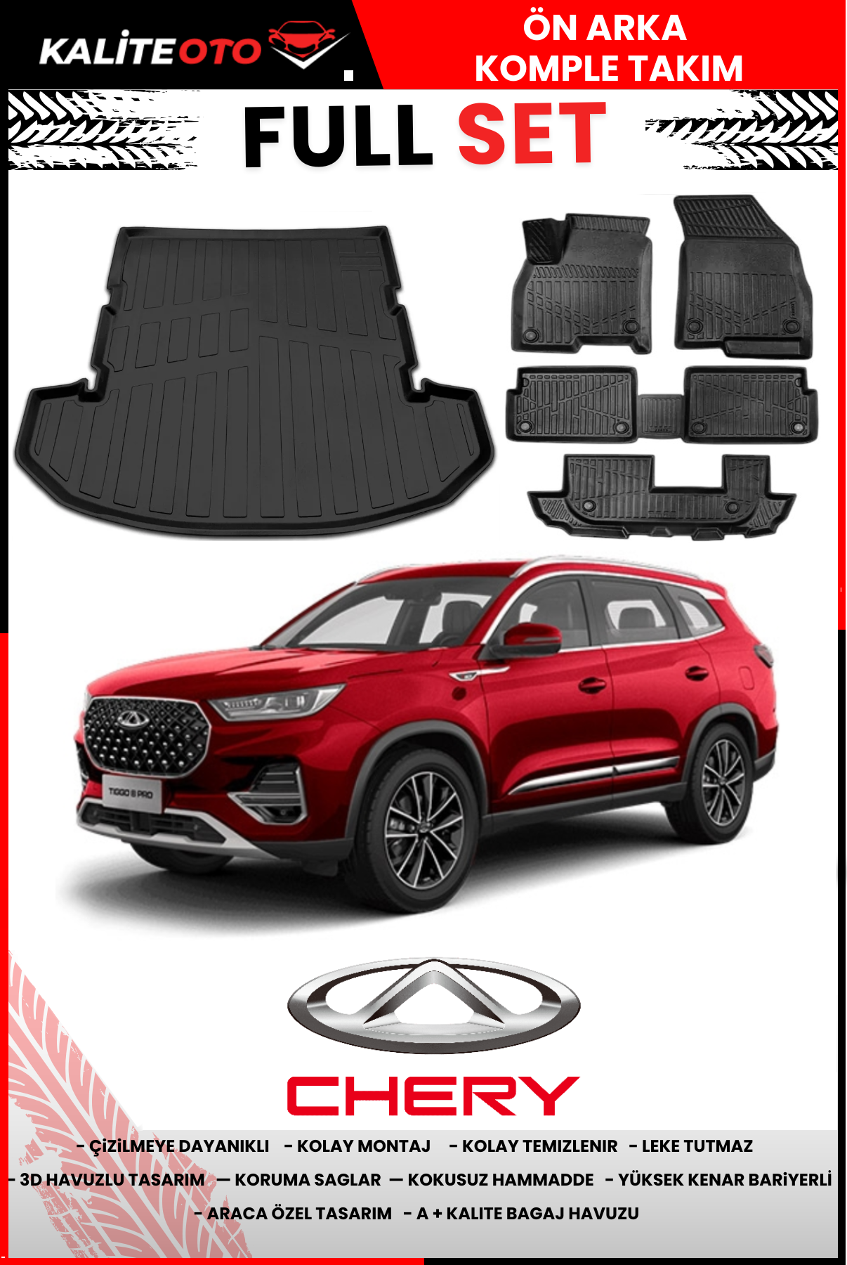 Chery Tiggo 8 3D Bagaj Havuzu+3D Araca Özel Paspas Takımı 7 Kişilik